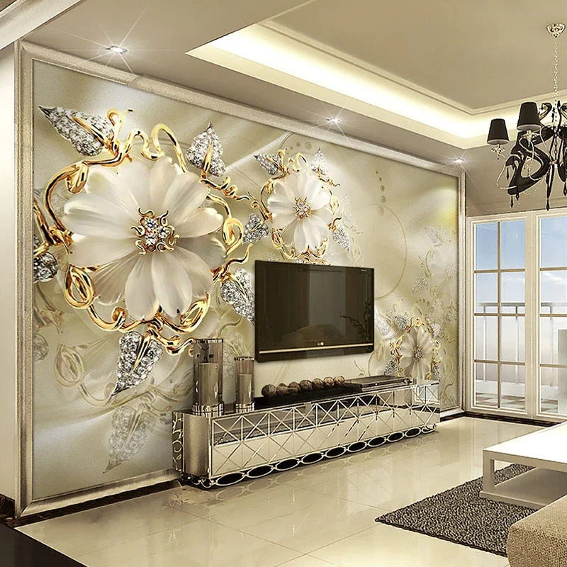 Kustom 3D Lukisan Dinding Wallpaper Eropa Diamond Perhiasan Emas Bunga Latar Belakang Dekorasi Lukisan Dinding Seni Modern Lukisan Dinding Ruang Tamu