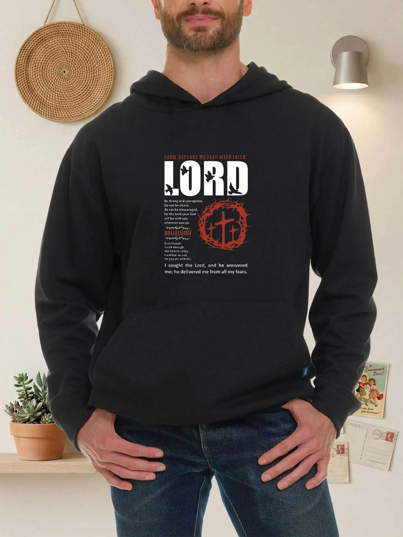 A Must-Have Hoodie for Men, Featuring Faith-Driven Messages Above the Cross, Designed for Comfort and Casual Outdoor Activities This Pullover Includes a Regular Fit, Suitable for Hiking and Various Activities.