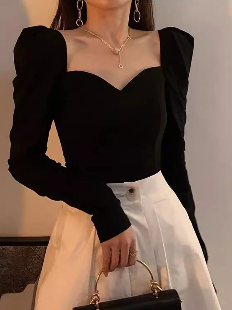 

plus Size Women's Vintage Square Collar Long Sleeve T-Shirt Spring Autumn Style Sexy Elegance Korean Version Big Code Top