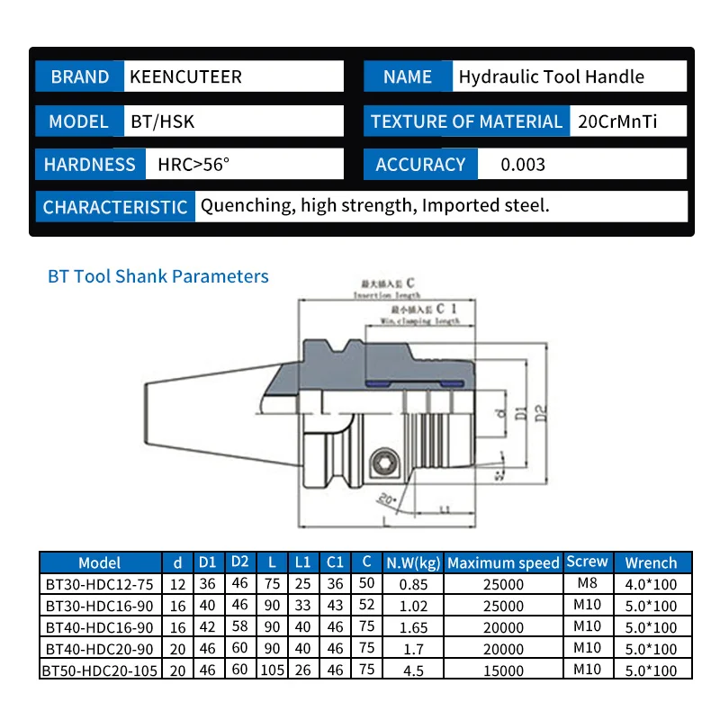 BT30/40/HSK40/50/63 Hydraulic Toolholder 0.003 High Precision Dynamic Balance CNC Tool Shank Machine Center HC Collet Chuck