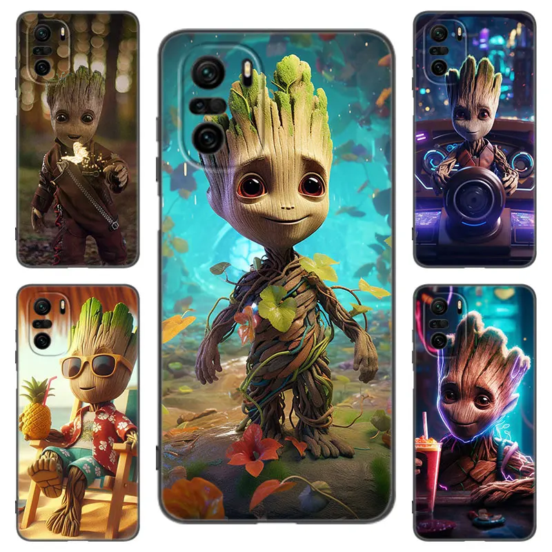 Marvel Cute Groot Hero Black Silicone Phone Case For Xiaomi POCO X3 X4 NFC F2 F5 M3 M4 M6 X3 X4 X5 Pro 5G F3 GT C65 F4 M5 X2