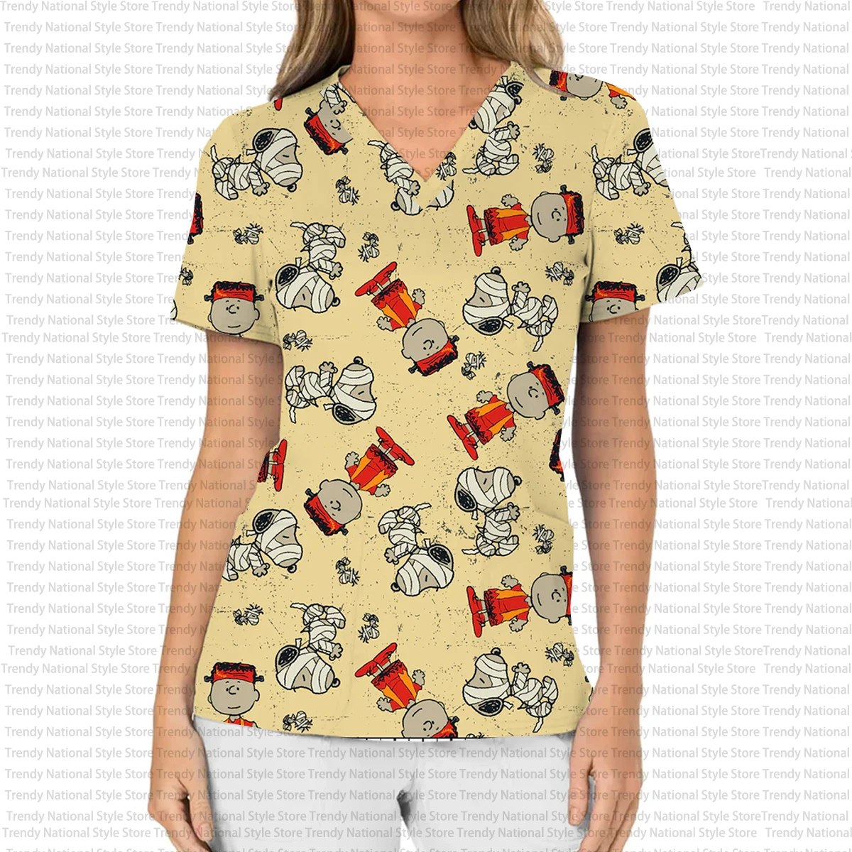 المرأة العمل موحدة الكرتون هالوين سنوبي فرك الأعلى مع جيب الخامس الرقبة تي شيرتات قصيرة الاكمام طباعة الأسنان الحيوانات الأليفة متجر أعلى