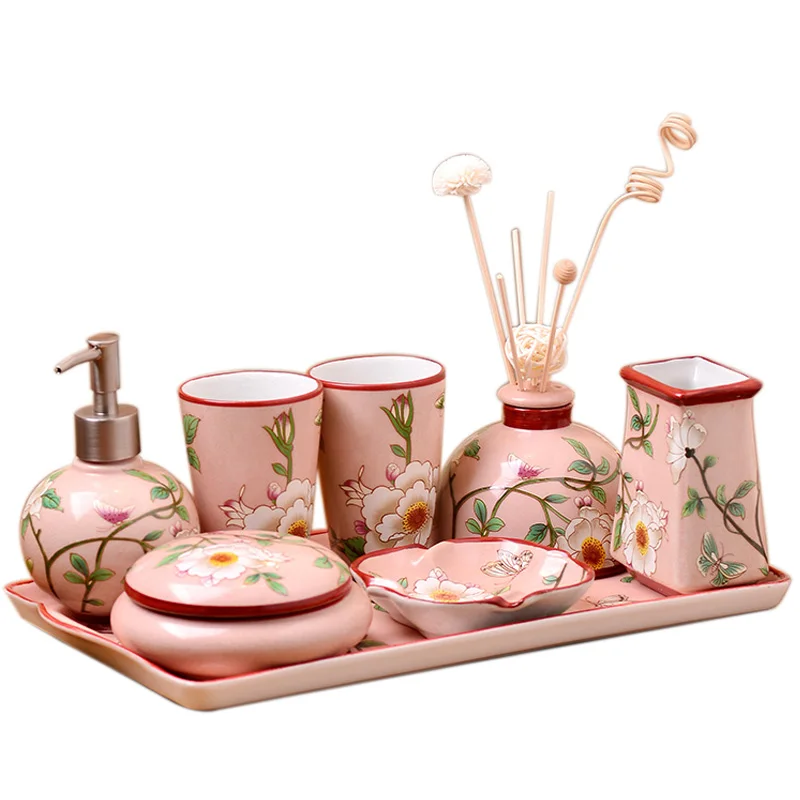 BR012 flower ceramic bathroom set accessories toothbrush holder body lotion bottle soap dish set 0f 8 pcs