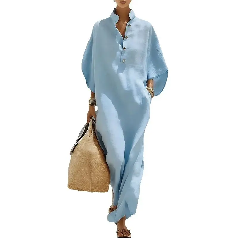 Zomerjurk Bohemian Lange Jurk Dames Sexy Staande Kraag Knoop Elegante Feestjurken Lente Vleermuismouw Losse Maxi Jurk - afbeelding 2