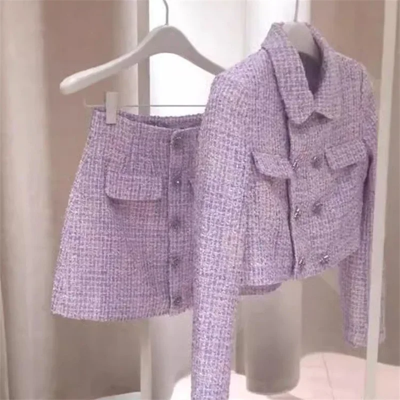 

New Luxury High End Tweed Women's Two Pieces Set Elegant Lapel Double Breasted Slim Short Coat + Mini Skirt Fashion Suit