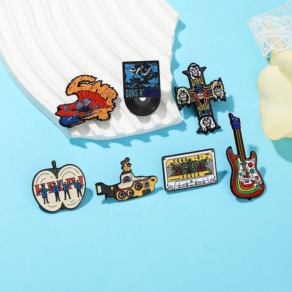 7Styles Hip Hop Gun Roses Theme Enamel Brooches Skull Cross Guitar Tape Shaped Music Pins
