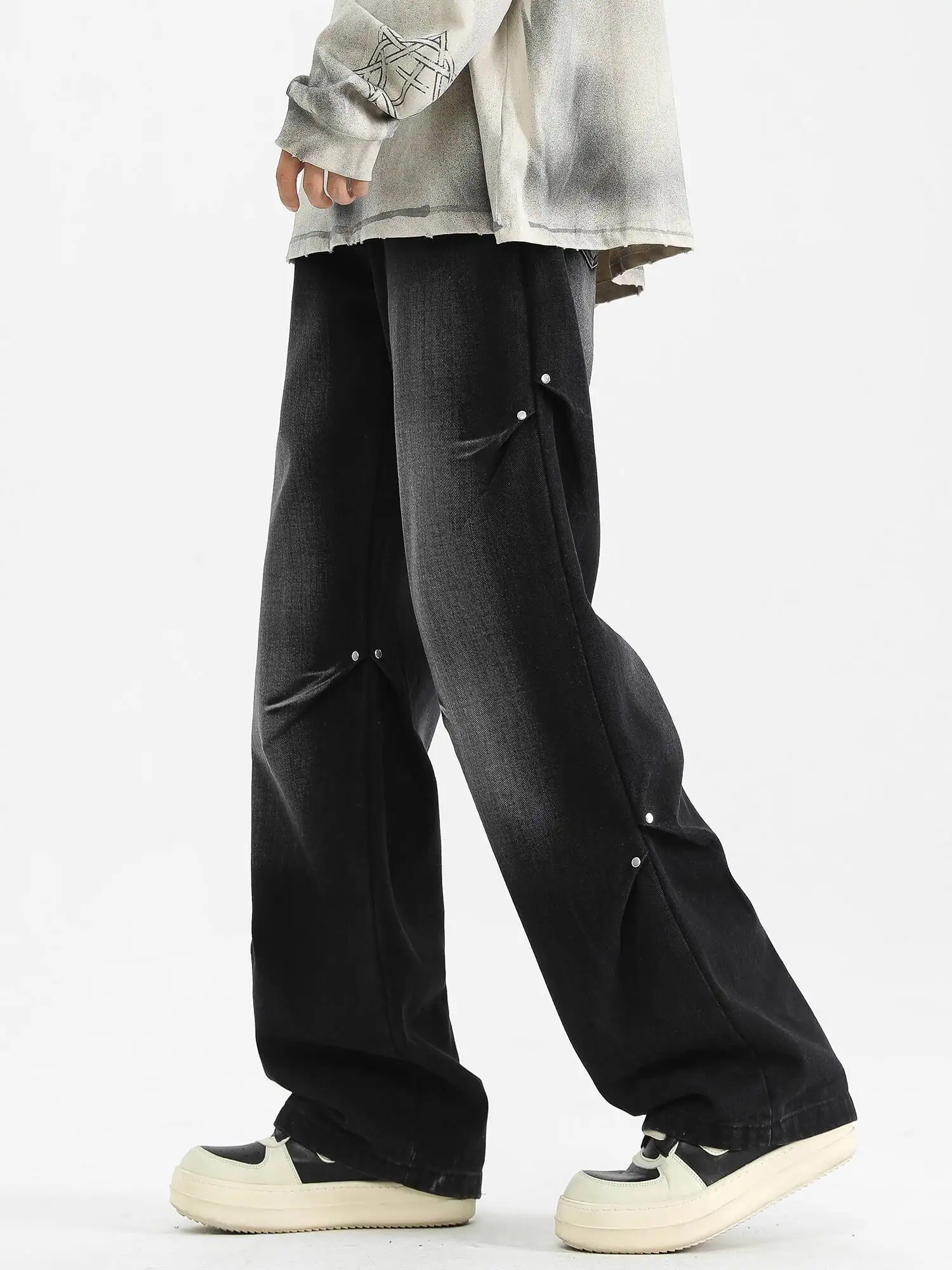 

Men's Casual Jeans Spring Summer Autumn New Deconstructed Black Jeans Rivet Design Straight Leg Loose Wide Leg Pants