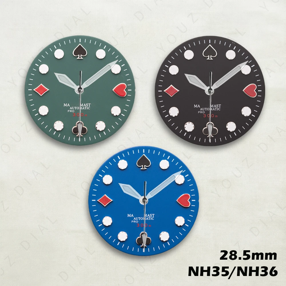 Poker Dial NH35/NH36/4R/7S 28.5mm S-type Movement Green Luminous High Quality Watches for men Watch Modification Accessories