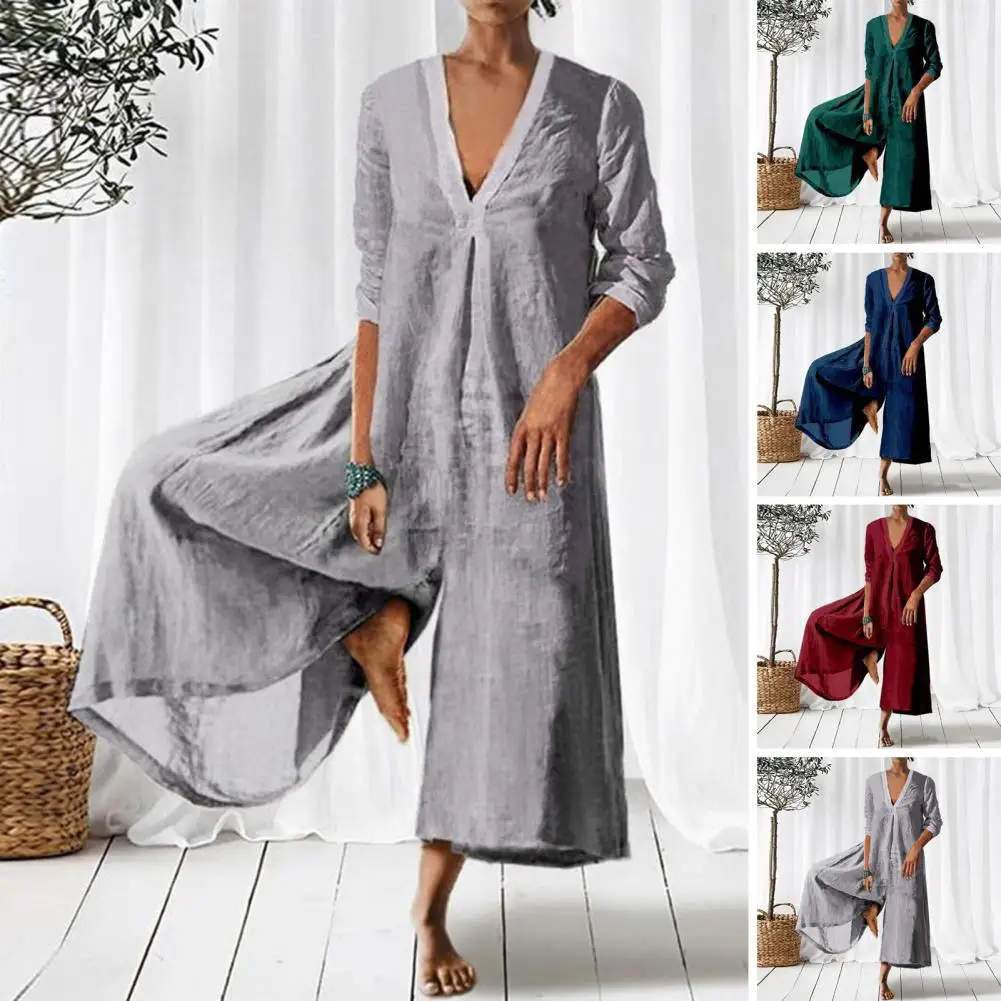 Vintage Ruched Solid Cotton Linen Jumpsuit Women 2023 Spring Elegant Wide Leg Overalls Pants Summer Long Sleeve Loose Rompers