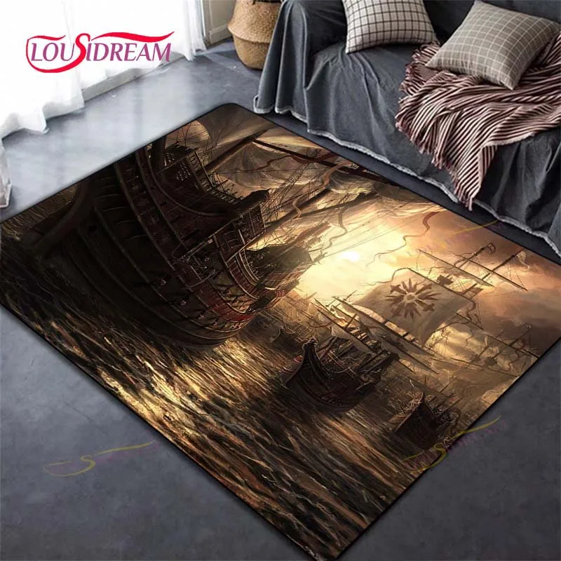 Sailboat 3D Pirate Ship Boat Rugs for Home Living Room Mat Decoration Room,kids Area Rug,Home HOTEL Decoration Rug Non-slip