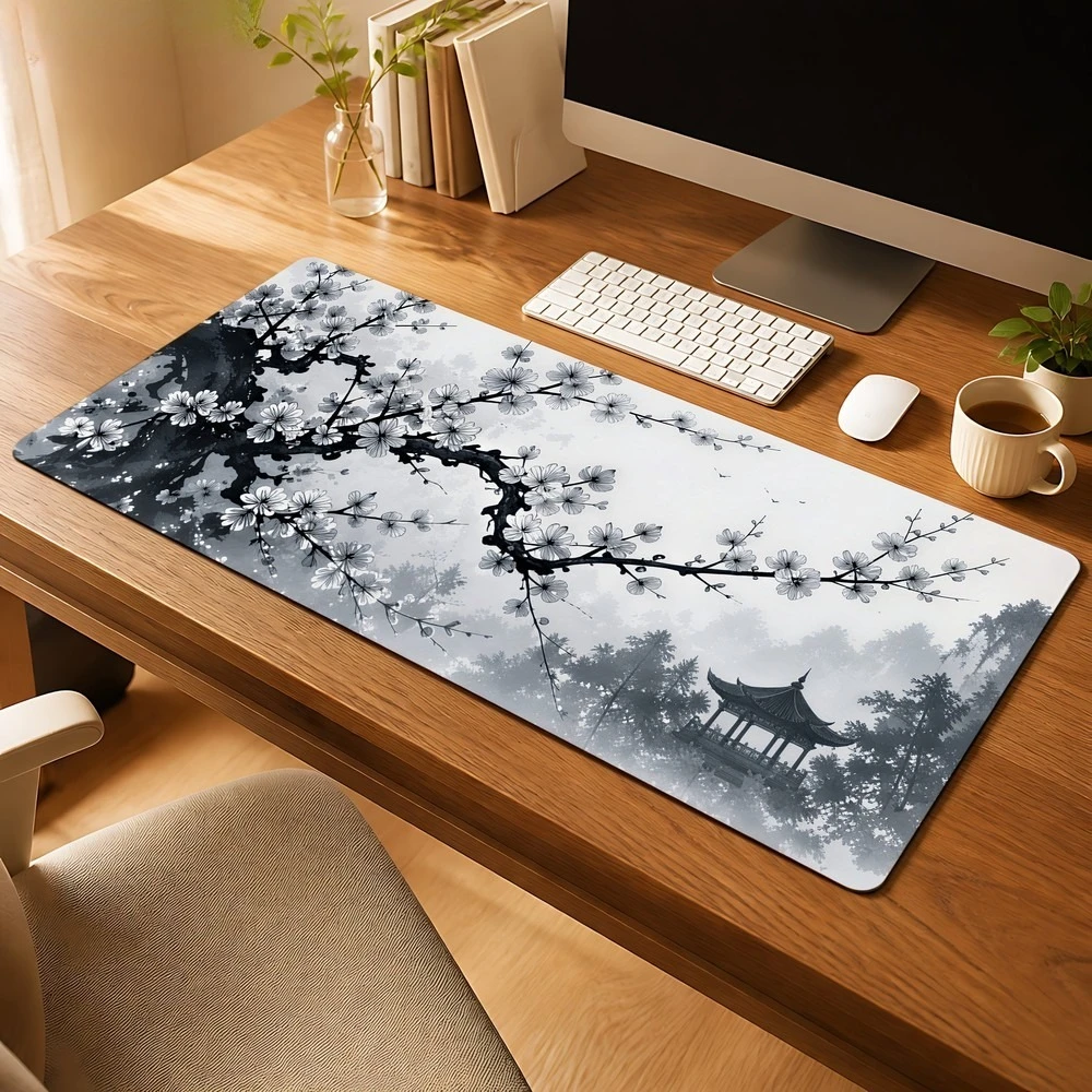 Black and white ink wash cherry blossom landscape mouse pad anti-slip suitable office desks decorative accessory for the desktop