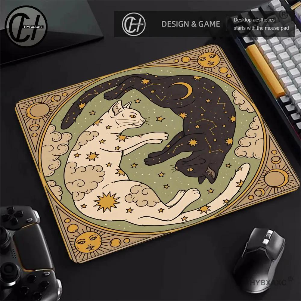 HYBXAXC Mystical Moon Cat Mouse Pad Floral Starry Sky Tarot Pattern Desk Mat