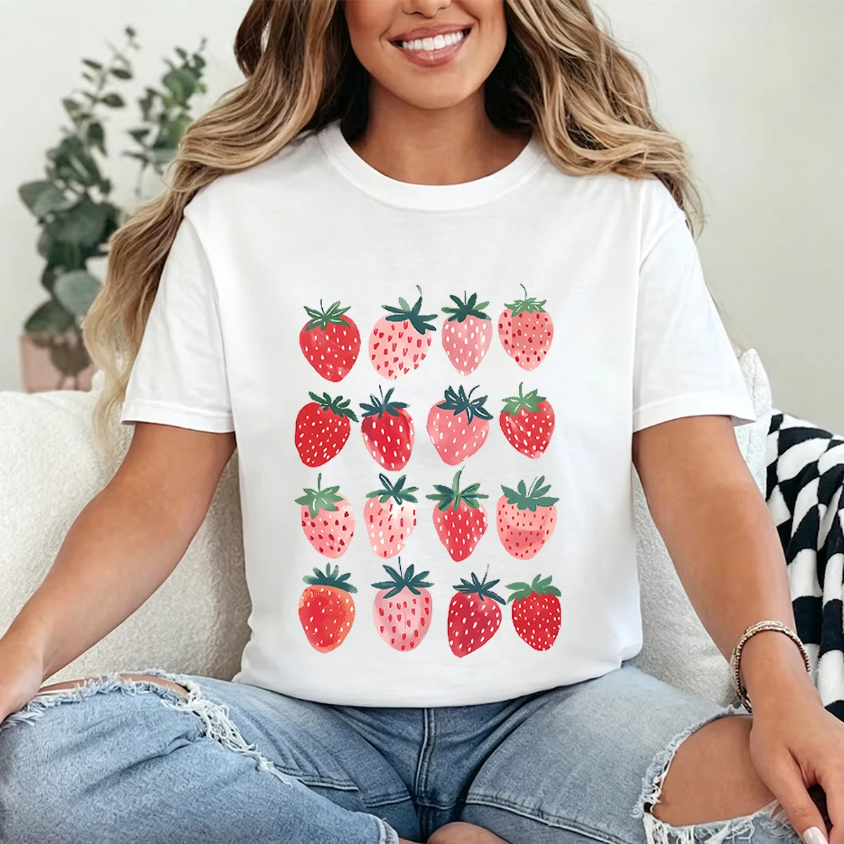 Plus-Size Women's Watercolor Strawberry Plaid T-Shirt — 100% Cotton, Soft & Loose Crew-Neck Short-Sleeve Top; A Sweet, Fruity Summer Essential