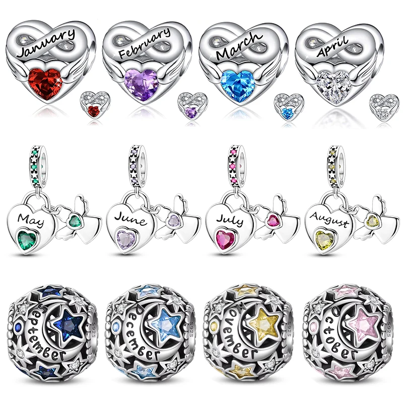 925 Sterling Silver Month Birthday Stone Round Beads fit Women Charm Bracelet Bangle DIY Jewlry Making