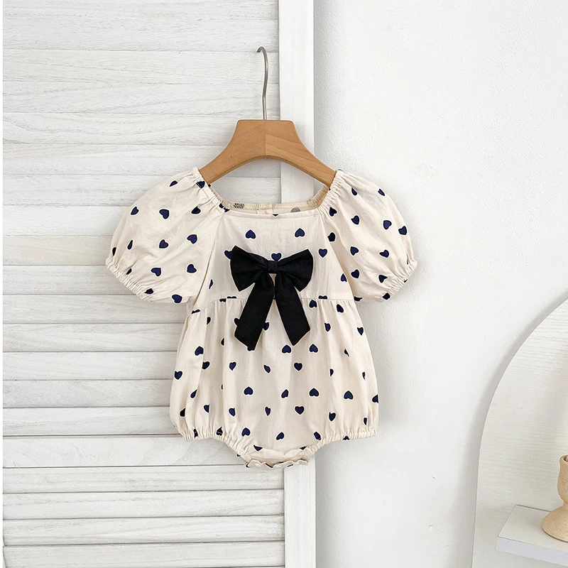 2026 Summer Baby Girl Bow Romper Half Sleeved Cotton 0-24M Baby Girl One-piece Heart-shaped Square Neck Baby Girl Bodysuit