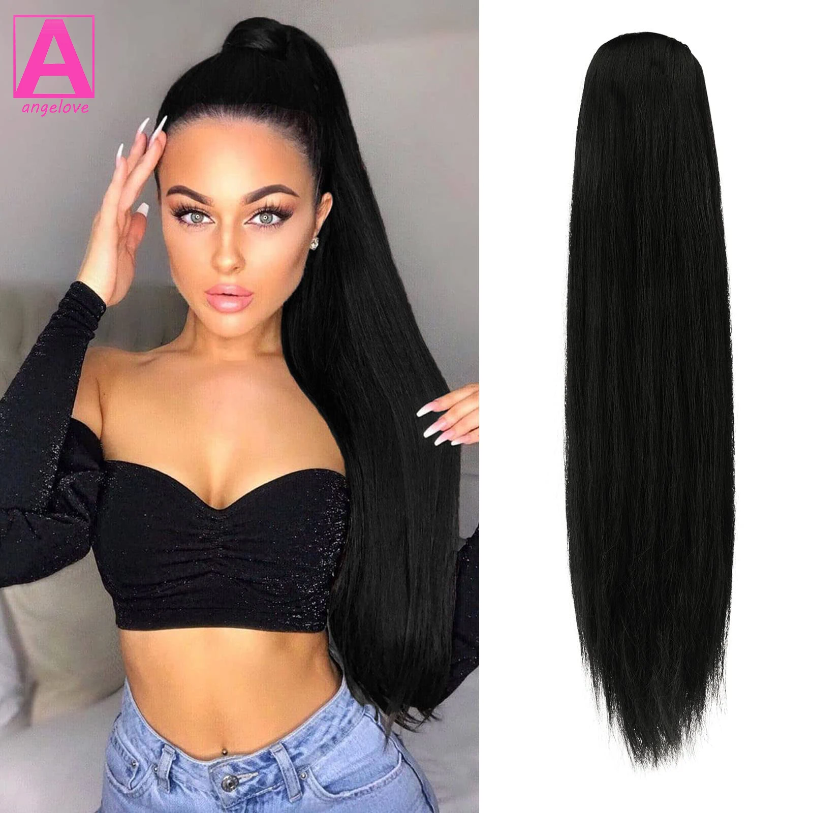 Straight Ponytail Clip ins Human Hair Extension #1B Color Drawstring Ponytail Clip in Straight Human Hair 24 26inches For Girls