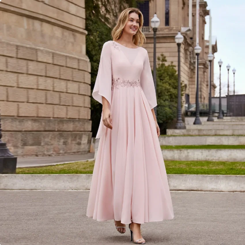 

A-Line Ankle-Length Chiffon Wedding Party Gowns 2024 Moden Pink Mother of the Bride Dresses Jewel Neck 3/4 Sleeves Appliques