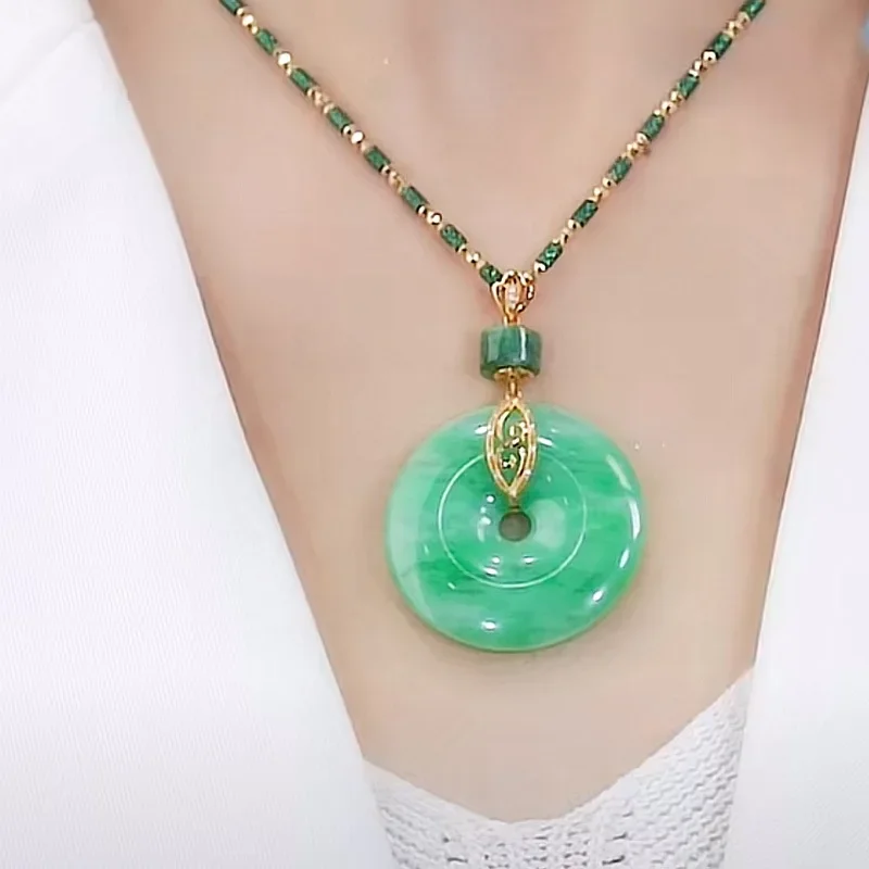 Natural green peace buckle pendant necklace exquisite fashion gold color set jade sweater chain women\'s accessories