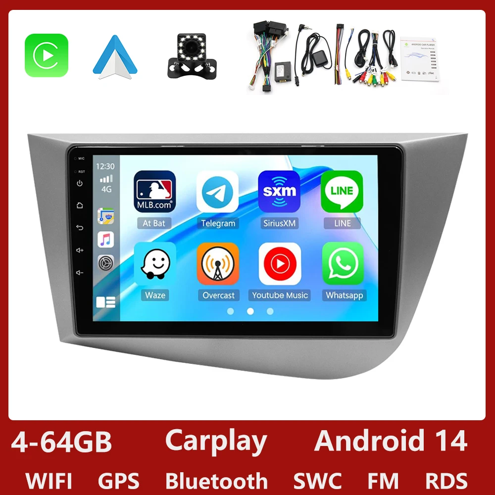 GEARELEC Android 14 autoradio voor Seat Leon 2 MK2 2005-2012 Carplay Draadloos Android Auto Multimedia Videospeler 9 "Touchscreen GPS met WiFi Bluetooth FM/RDS