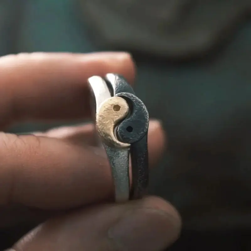 Stackable Yin Yang Couple Rings Set - Distressed Vintage His & Hers Matching Bands, Unisex Minimalist Wedding Style