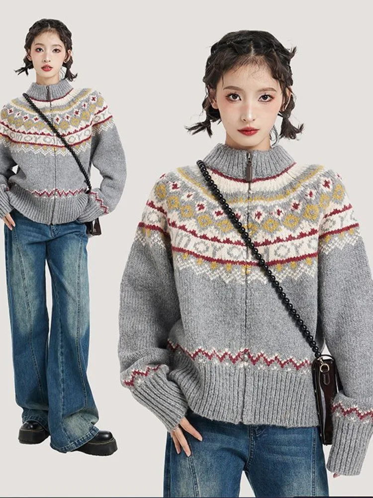 Sweet Christmas Vintage Cardigans Women Harajuku Zipper Grunge Sweaters Loose Streetwear Knitted Coats Y2k Aesthetic