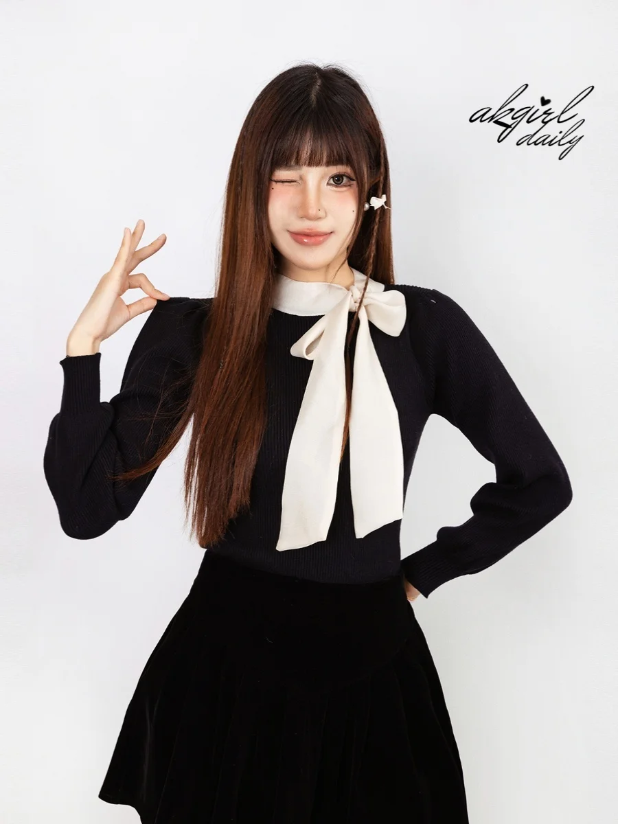 

Autumn Winter f High Ne Knitted Sweater Women's Bubble Sve Top with Bow Tie Polyester Fiber Commute Sle Long Sve