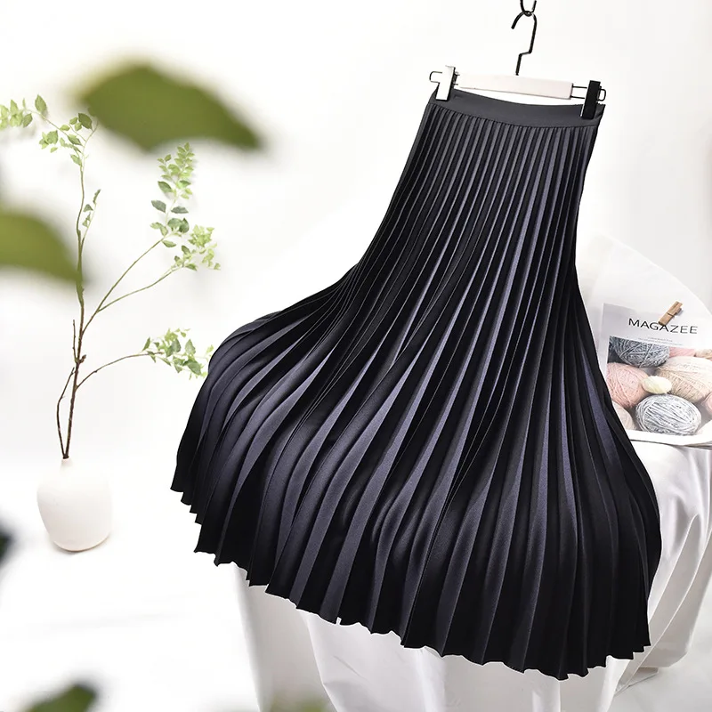 HLBCBG 2023 Brand Designer Women Spring Autumn Elegant Chic Solid Pleated Skirt High Waist Luxury Fashion With Elastic Female