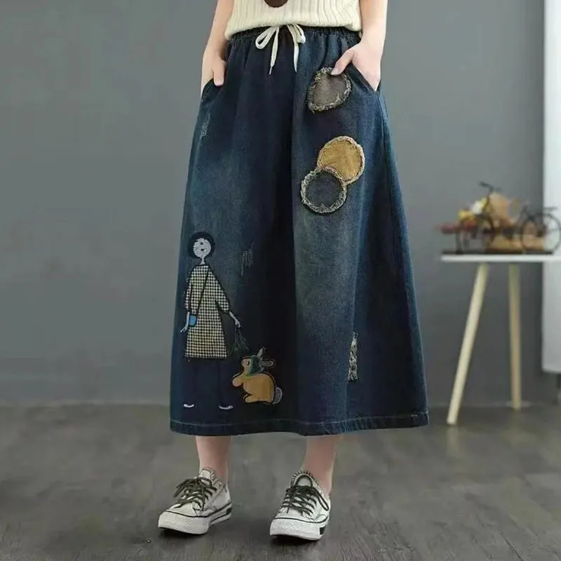 Korean Lady Fashion Large Size 4XL Long Skirts Autumn Female High Waist Pocket A-line Skirt Spring Women Embroidered Denim Skirt - view 5