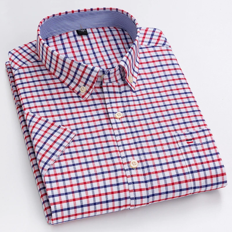 Summer 100% Cotton Oxford Shirt Mens Short Sleeve Pocket Soft Comfortable Regular Fit Business Casual Purple Dress Shirts Men