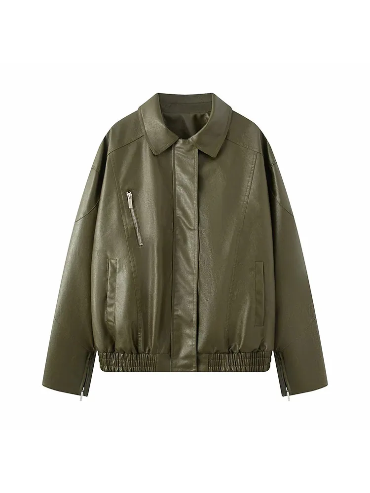 المرأة 2025 الخريف سترة جلدية معطف سستة زر جيب مرن كم طويل الصلبة الإناث السترات معاطف السيدات #3