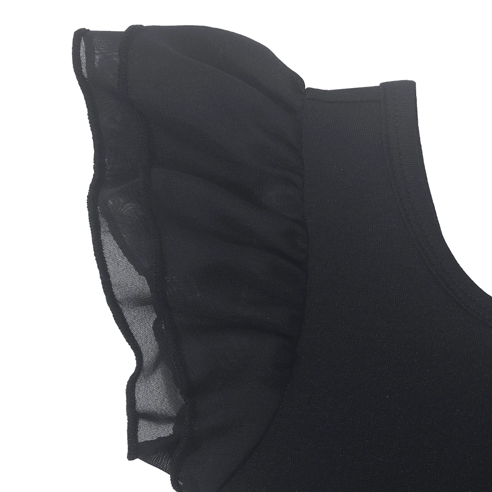 Dziewczęce czarne trykoty baletowe z falbankami, krótkie rękawy, stroje gimnastyczne, odkryte plecy, body do ćwiczeń gimnastycznych, kostium do treningu.