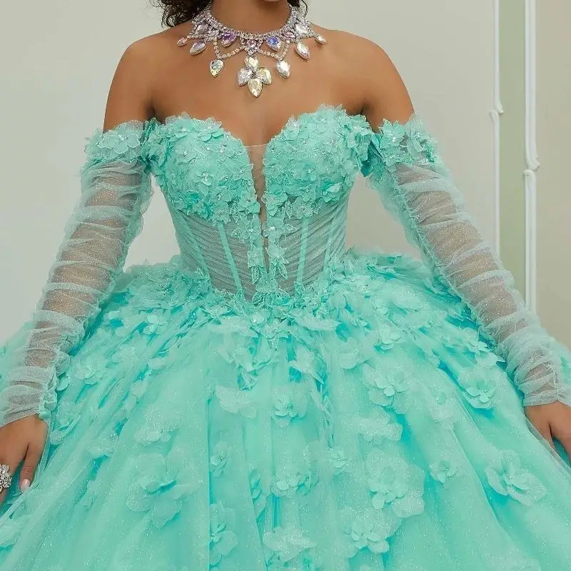 Mint Green Shiny Quinceanera Dresses Glitter Appliques Flower Beads Tull Party Birthday Gown Vestidos De 15 Quinceañera