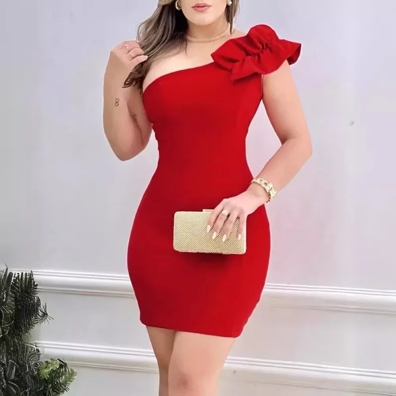 Spring Summer New Women's Clothing Solid Color Shoulder Diagonal Collar Dress