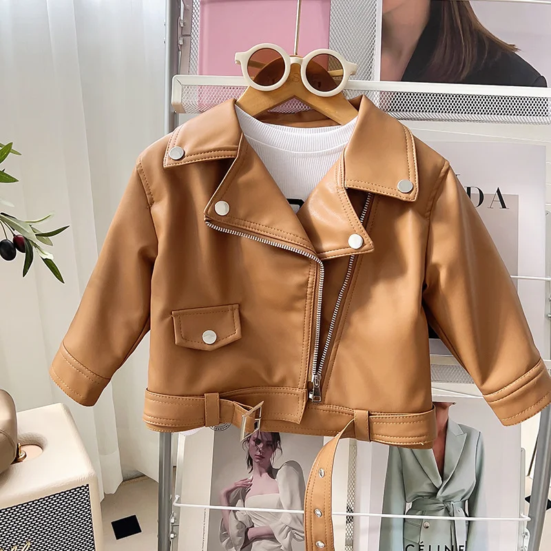 New Girls Leather Jacket Boys Short Lapel Solid Colour Coat 2024 Spring Autumn Children\'s Fashion Casual Zip Clothing 2-8 Years