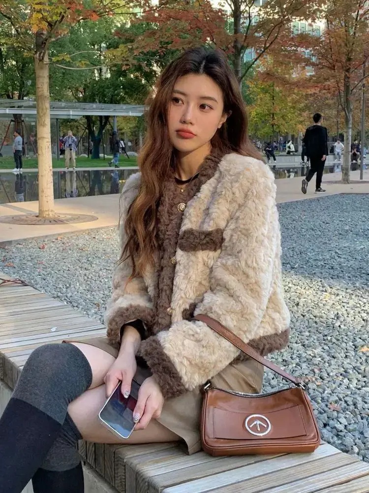 Donna Autunno Inverno Spessa Giacca in pelliccia sintetica Colorblock Maxi Cappotto Corto Cappotti caldi Cintura di lusso Pelliccia Parka Bontjas Giubbotti Capispalla