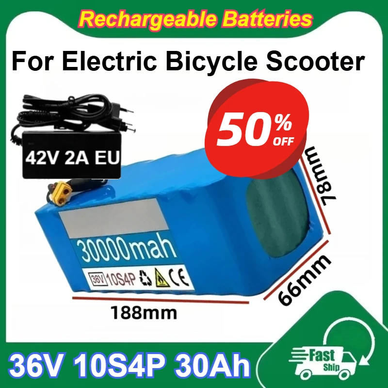 

18650 36V 10S4P 30Ah Rechargeable Li-ion Battery Pack Built-in BMS for Electric Bicycle Scooter Batteries + 42V 2A EU Charger