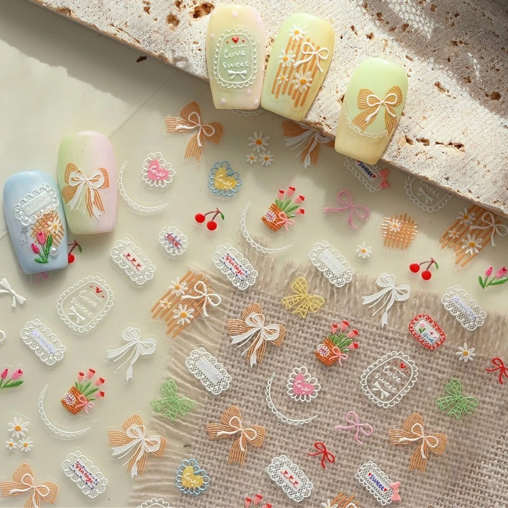 

Bowknot Daisy Tulips Cherry Lace Edge Love Cute Graffit 3D Self Adhesive Nail Art Stickers Lovely Cartoon Animal Manicure Decals