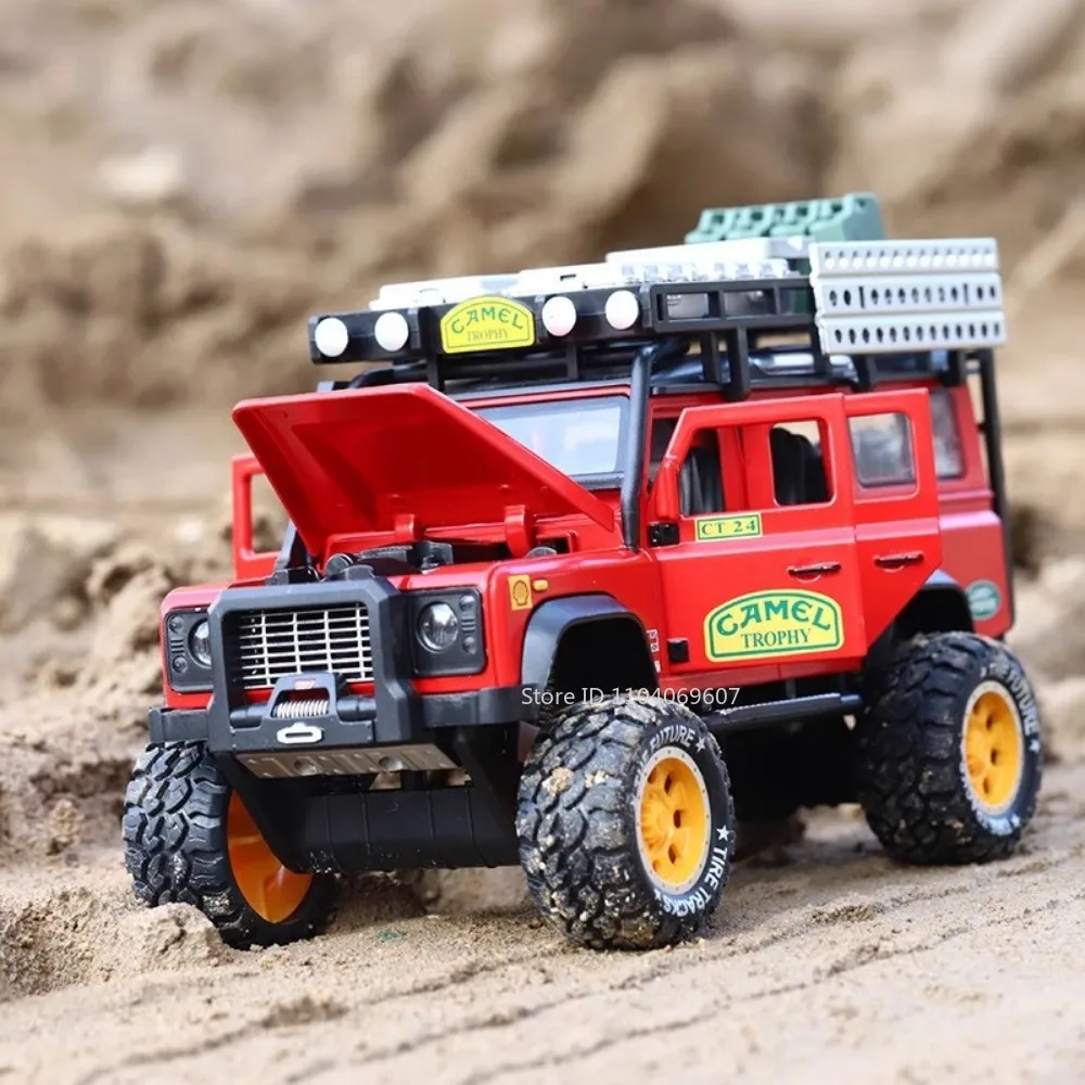 Scale 1:28 Land Rover Defender Car Model Toy Diecast  Alloy Camel Cup SUV 6 Doors Opened Sound Light Toys Gifts for Children