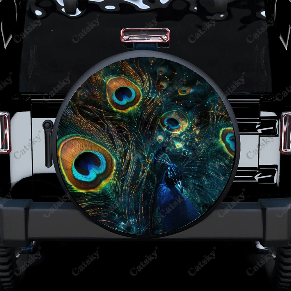 Abstract Peacock Feathers Polyester Universal Spare Wheel Tire Cover Custom Tire-Covers for Trailer RV SUV Truck Camper