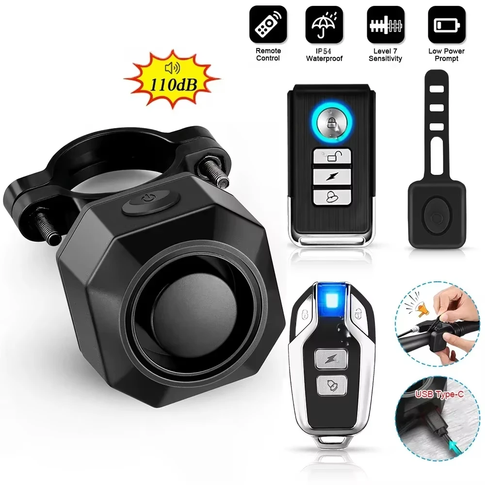 Extractme 110dB Bicycle Alarm Wireless USB Charging Bike Vibration Alarm IPX5 Waterproof Motorcycle Scooter Burglar Alarm System