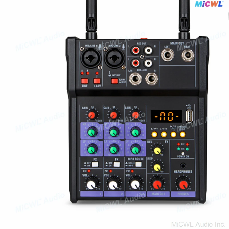 Pro MiCWL 2 Channel Wireless Handheld Microphone With 4 Input Bluetooth Stereo Mixer Sound Mixing DJ Console XLR 48V