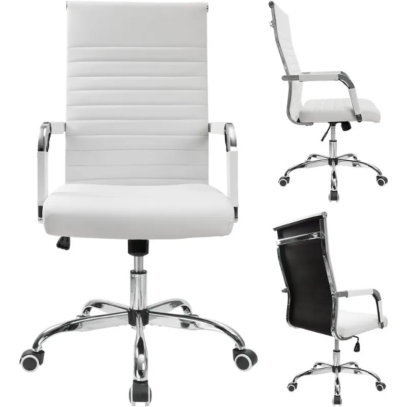 Silla de escritorio de oficina acanalada con respaldo medio, silla ejecutiva de cuero PU para tareas de conferencias, silla giratoria ajustable con brazos (blanco)