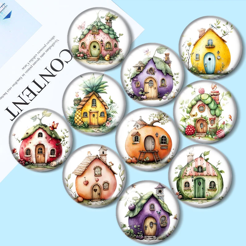 

Watercolor Fruit Houses 10pcs 12mm/18mm/20mm/25mm Round photo glass cabochon demo flat back Making findings