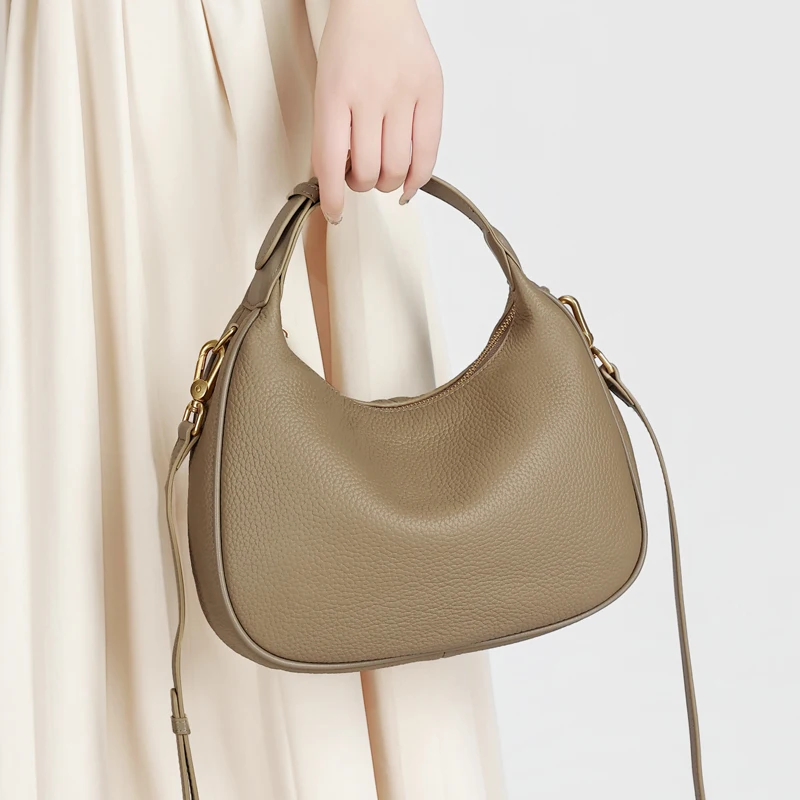 

Genuine Cowhide Leather Mini Hobo Shoulder Bag for Women Pebbled Leather Top Handle Crossbody Bag with Hardware Underarm Bags