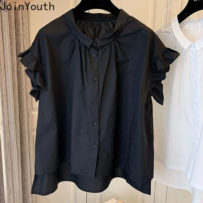 Vintage Blouse for Women Cotton Casual Shirts Ruffles Short Sleeve Blouses Ladies Tops Loose Summer Blusas Mujer De Moda 2023