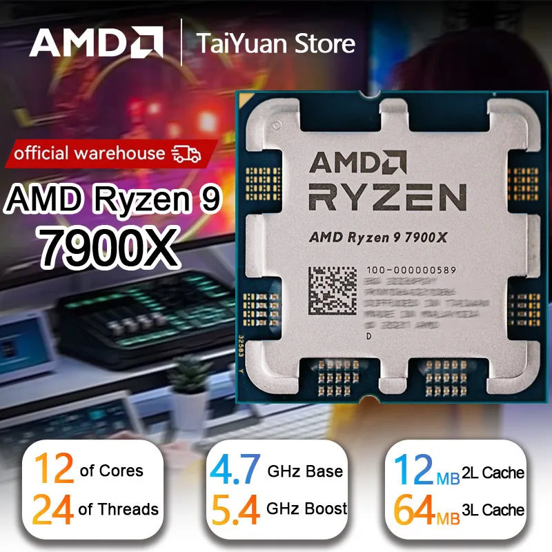 AMD Ryzen 9 7900X CPU R9 7900X 4.7 GHz 12-Core 24-Thread 5NM L3=64M 100-000000589 Socket AM5 New but no fan