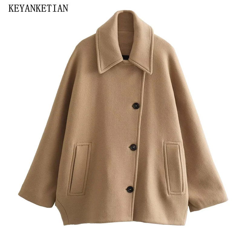 

KEYANKETIAN Autumn/Winter New Women's Wool Blend Cropped Coat Asymmetrical Single Breasted Batwing Sleeve Loose Khaki Casaco