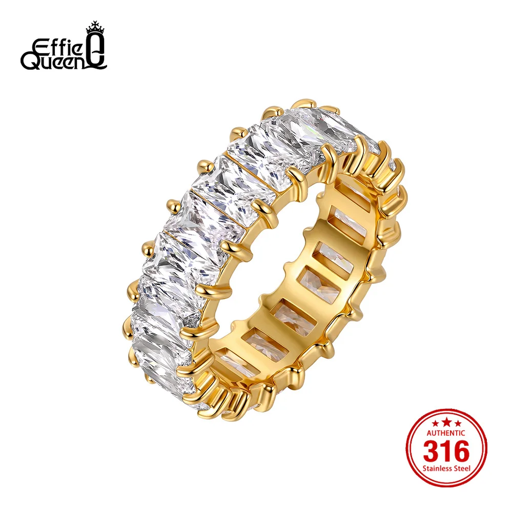 Effie Queen Shiny 5mm Full Cubic Zircon Ring For Women Men Stainless Steel Vintage Party Finger Jewelry Gift Accessories HTKR03