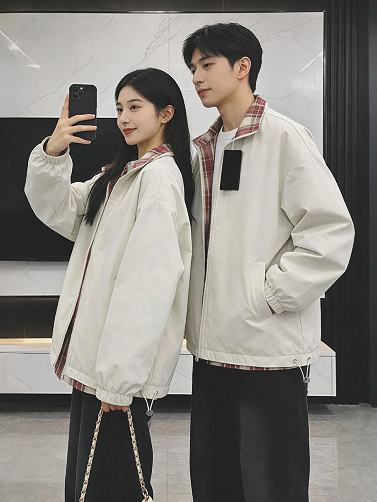 American Style Plaid Sporty Jacket for Men Autumn High Collar Short Baseball Uniform Casual Loose Fit Iron Free Long Sleeve