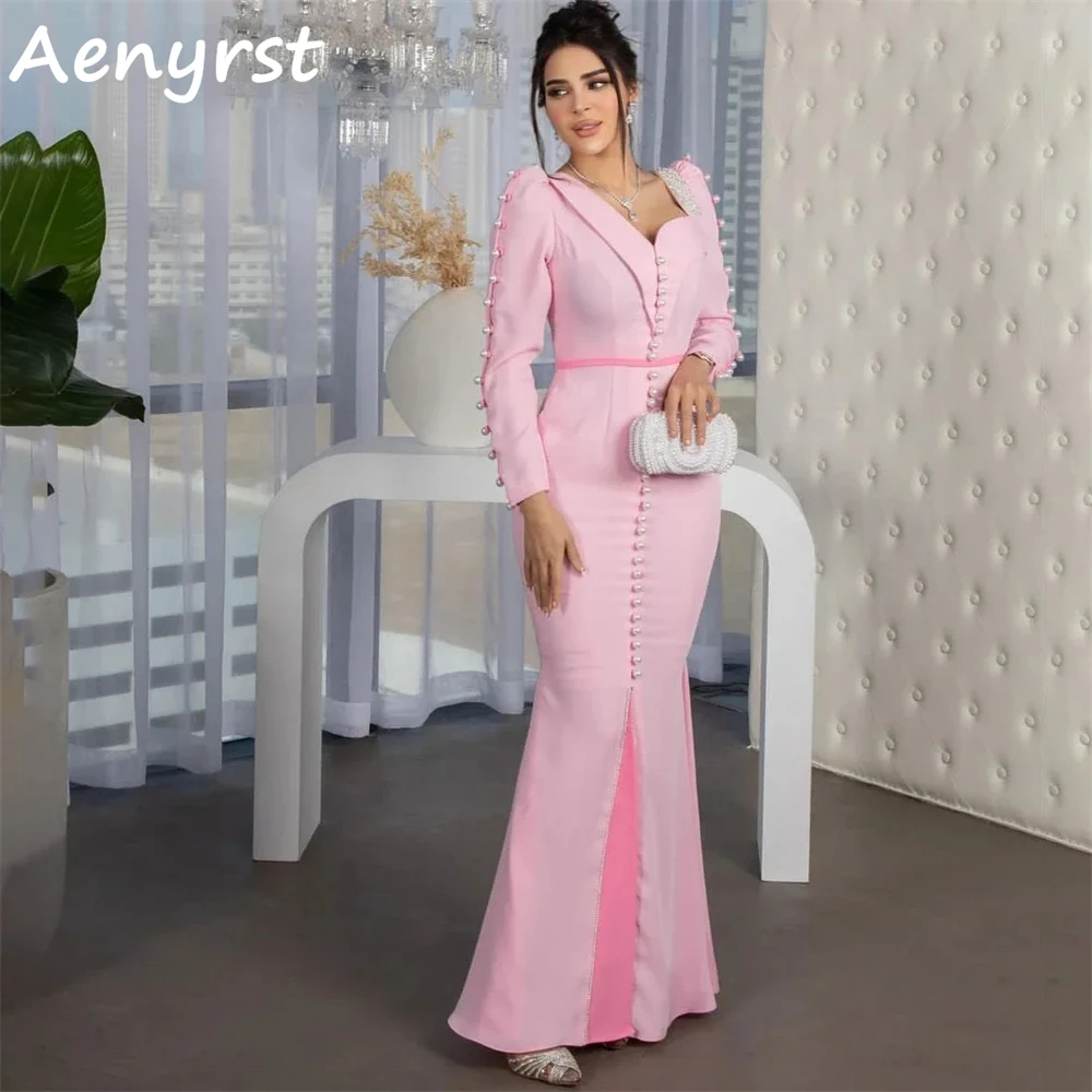 Aenyrst-Vestidos de noite com mangas compridas, Arábia Saudita, Cetim, Sereia, Pérolas divididas, Vestidos de baile, Tornozelo, Ocasião Formal, Rosa